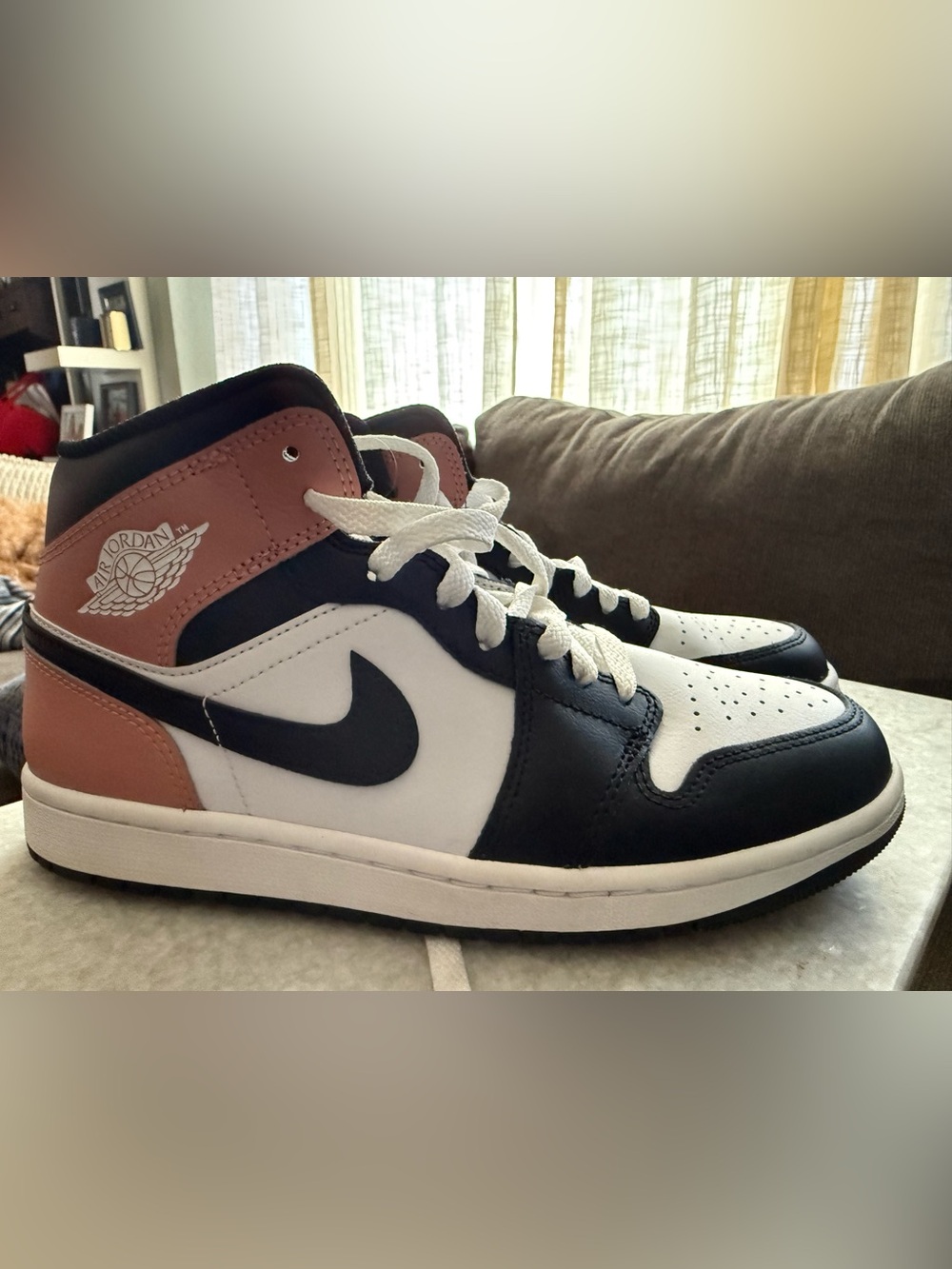 Jordan 1 Men's Mid Sneakers in White, Black & Pink